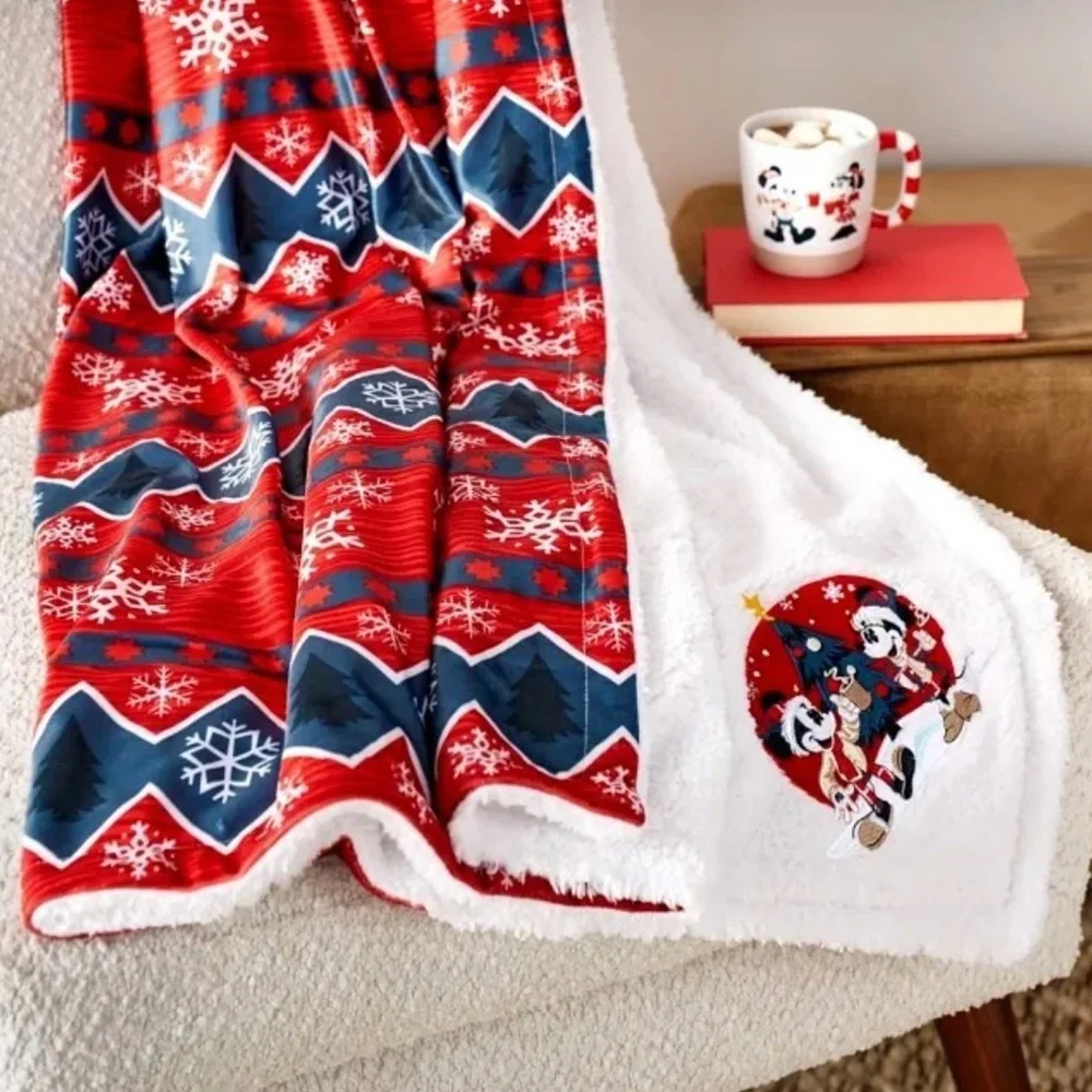 🌲Disney Store Mickey Minnie Holiday Fleece Blanket Reversible Throw 50 x 60 NEW